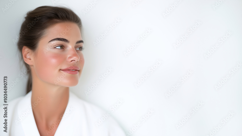 Portrait of woman with fresh complexion sitting in bright white room capturing simplicity and elegance of modern beauty ideal for skincare wellness and lifestyle campaigns Portrait of woman with fresh complexion sitting in bright white room capturing simplicity and elegance of modern beauty ideal for skincare wellness and lifestyle campaigns
