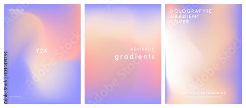 Hologram gradient background. Fluid. Violet, pink and light peach color. Light liquid texture. Iridescent. Blurred bg. Y2K holographic poster set. Gradient template design for poster, social post