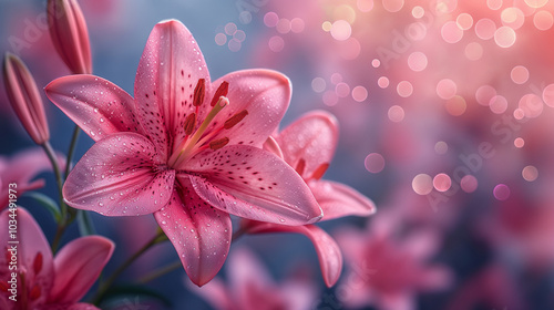 Pink Lily Flowers on Bokeh Lights Background
