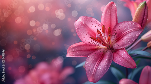 Pink Lily Bud on Blurred Background with Copyspace