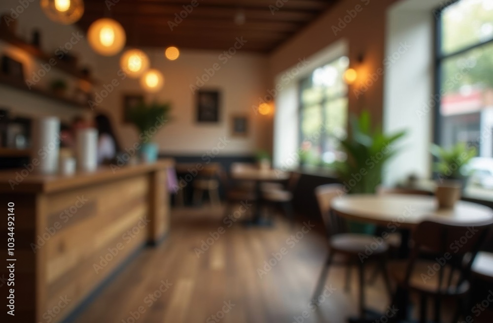 Fototapeta premium Out of focus background of casual cafe interior. Coffee shop, social hangout, or coworking space. Relaxed atmosphere, lifestyle, or urban culture concept