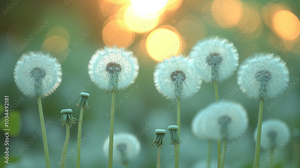 Obraz premium White Dandelions on Green Background