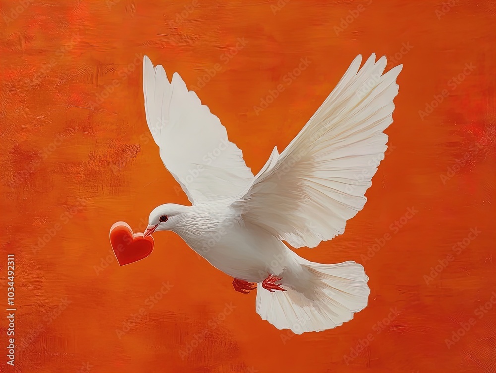 Fototapeta premium Graceful White Dove with Heart-Shaped Gift on Vibrant Orange Backdrop: Perfect Poster for Sports Interiors, Love-Themed Spaces, or Inspirational Decor!