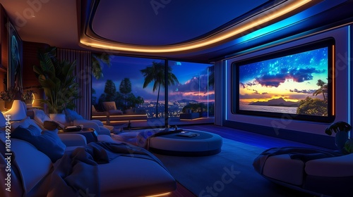 Modern home theater with city and ocean views