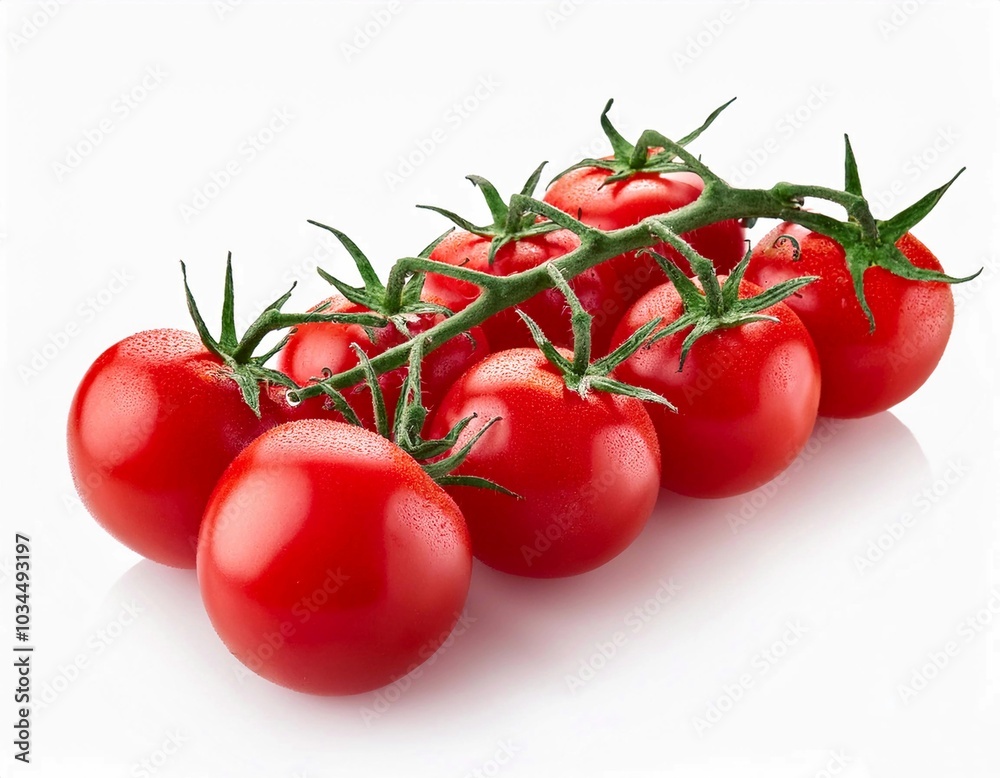 Branch of fresh cherry tomatoes isolated on white, Branch of fresh cherry tomatoes isolated on white,