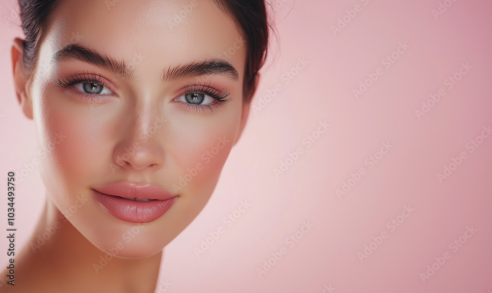 A brunette model with posing for a camera in a skincare commercial, against a pink background A brunette model with posing for a camera in a skincare commercial, against a pink background