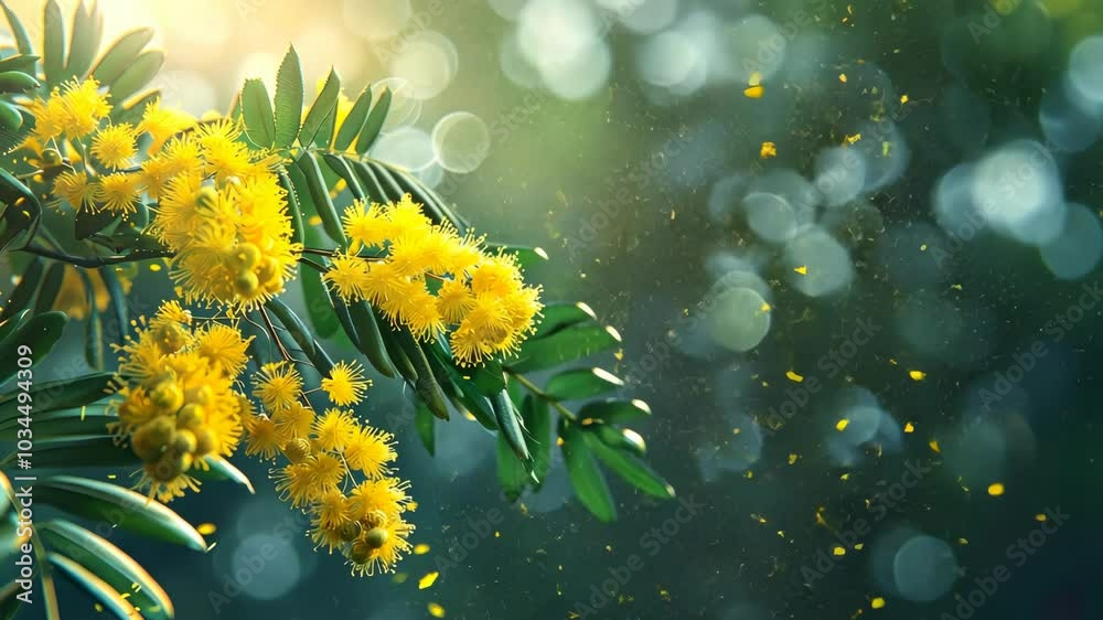 Yellow wattle flowers bloom on a bright spring day, their petals scattering in the breeze