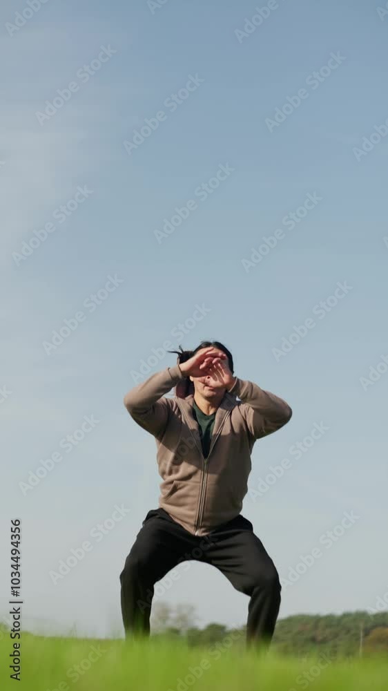 Outdoor fitness training, slow motion. A person joyfully leaping through a beautiful scenic field beneath the clear blue skies Outdoor fitness training, slow motion. A person joyfully leaping through a beautiful scenic field beneath the clear blue skies