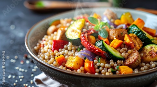 Closeup of a bowl filled with steaming buckwheat alongside vibrant roasted vegetables.