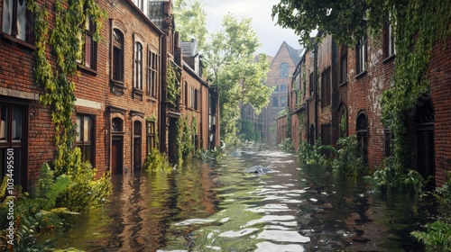 This flood-stricken street with submerged buildings symbolizes the vulnerability of urban areas to extreme weather events.