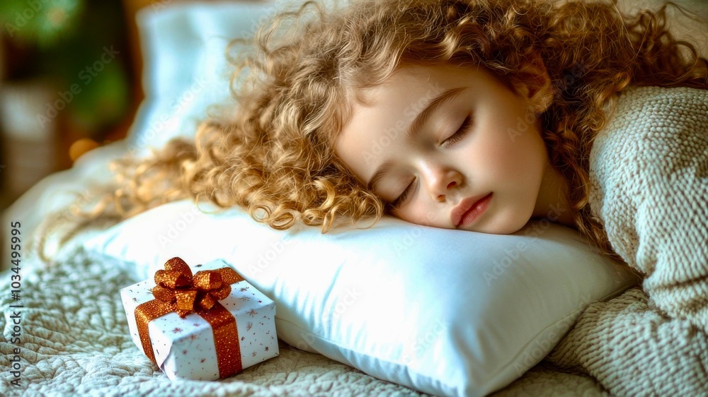Boxing Day, close-up of a sleeping girl to whom St. Nicholas put a gift under her pillow Boxing Day, close-up of a sleeping girl to whom St. Nicholas put a gift under her pillow