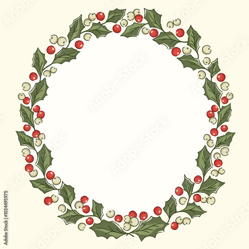 Nostalgic round holly garland illustration in traditional Christmas colors. Festive evergreen border with vintage holiday foliage and berries, ideal for seasonal winter imagery.