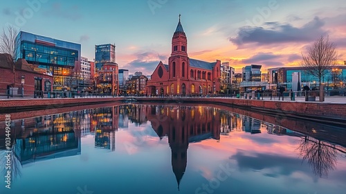 Reflection of the red brick Brindley Place church in the water, with West Midlands' landmark buildings and a serene sky photo