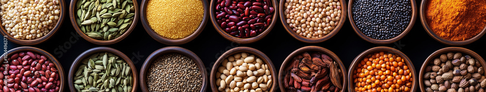 A colorful array of spices and herbs arranged in small bowls, including cumin powder, turmeric roots, cardamom seeds, A colorful array of spices and herbs arranged in small bowls, including cumin powder, turmeric roots, cardamom seeds,