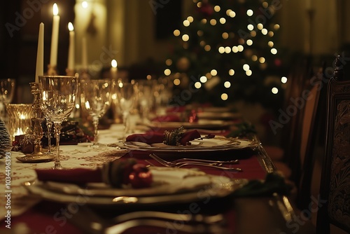 Elegant Christmas table setting with festive decorations and candlelight ambiance.