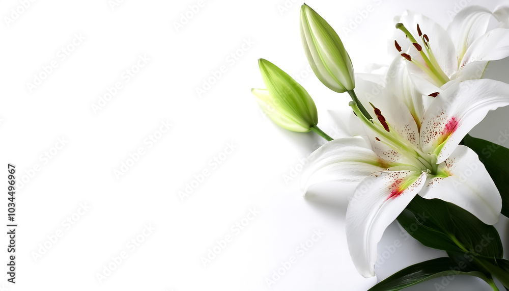 Fototapeta premium Lily with leaves pattern on side position provides copy space for text. background concept isolated white