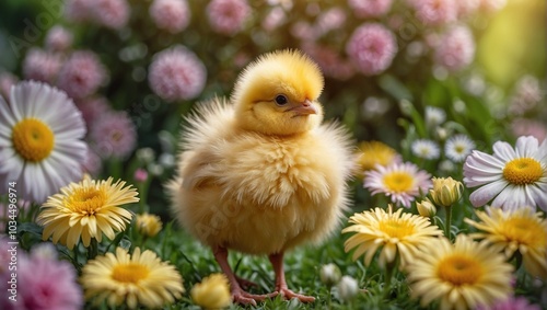 Easter chick on spring floral background.