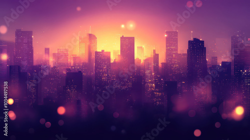 Twilight Cityscape Silhouettes: Abstract Purple and Orange Design with Bokeh Lights. Ideal for Urban Lifestyle and Real Estate Themes. High-Resolution Depth of Field.