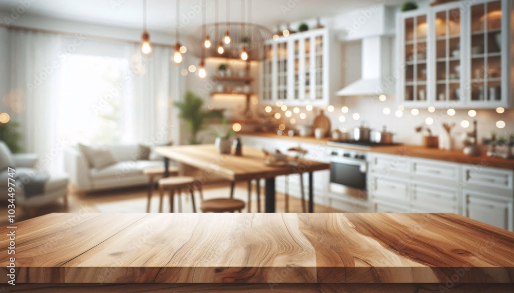 Wood table top on blurred kitchen background. can be used mock up for montage products display or design layout