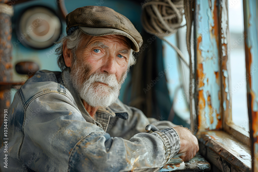 Obraz premium An old fisherman with a gray beard, wearing a denim shirt and a cap, is sitting in a boat. Close-up portrait