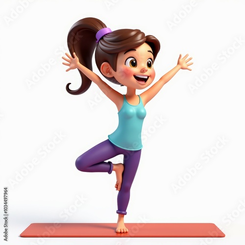 Cartoon girl practicing a yoga tree pose on a mat, smiling and balancing. Concept of fitness, balance, and mindfulness for children in a joyful setting.
