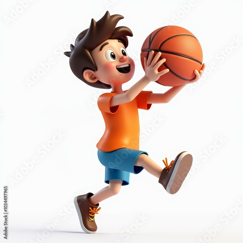 Cartoon boy playing basketball, jumping and holding the ball with excitement. Concept of sports, energy, and fun outdoor activities for children.
