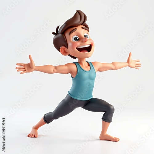 Cartoon boy practicing a warrior yoga pose with arms stretched wide, smiling and full of energy. Concept of fitness, balance, and fun exercise for children.
