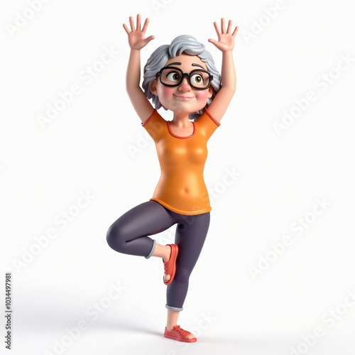 Cartoon elderly woman practicing a yoga tree pose, balancing with arms raised. Concept of fitness, balance, and active aging in a healthy lifestyle.
