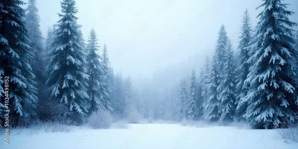 Fototapeta premium Snow-covered forest background depicting a serene landscape of tall trees blanketed in white snow, creating a peaceful winter ambiance perfect for seasonal themes