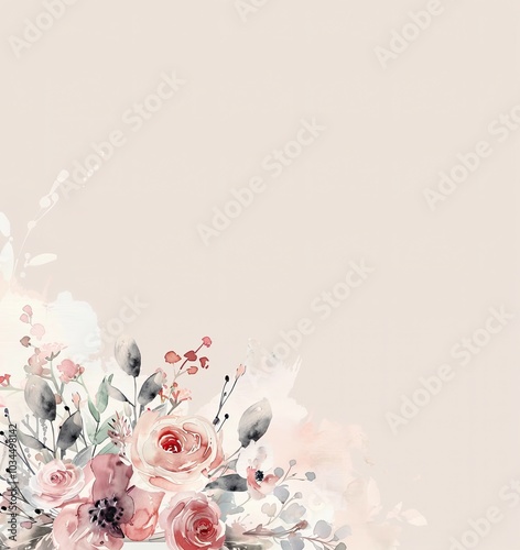 Delicate watercolor floral arrangement featuring soft pink roses and greenery against a neutral background