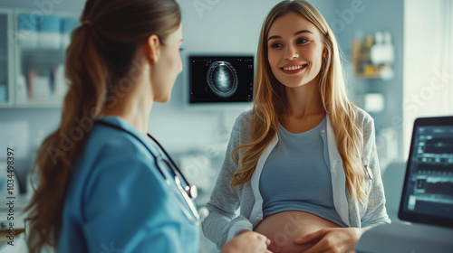 Doctor provides medical care and support to a smiling pregnant woman during a modern hospital room consultation