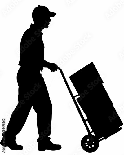 Silhouette Delivery Man Pushing Handtruck With Packages