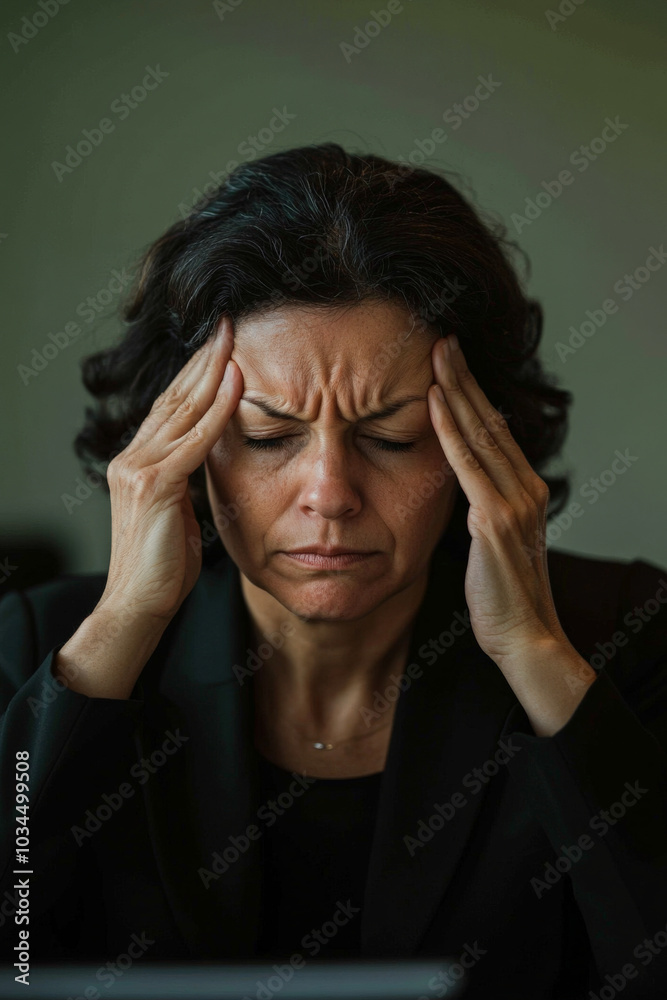 A middle-aged Brazilian woman is at her office desk, visibly struggling with a headache as she leans forward, pressing her fingers to her temples. The clean background highlights her struggle,