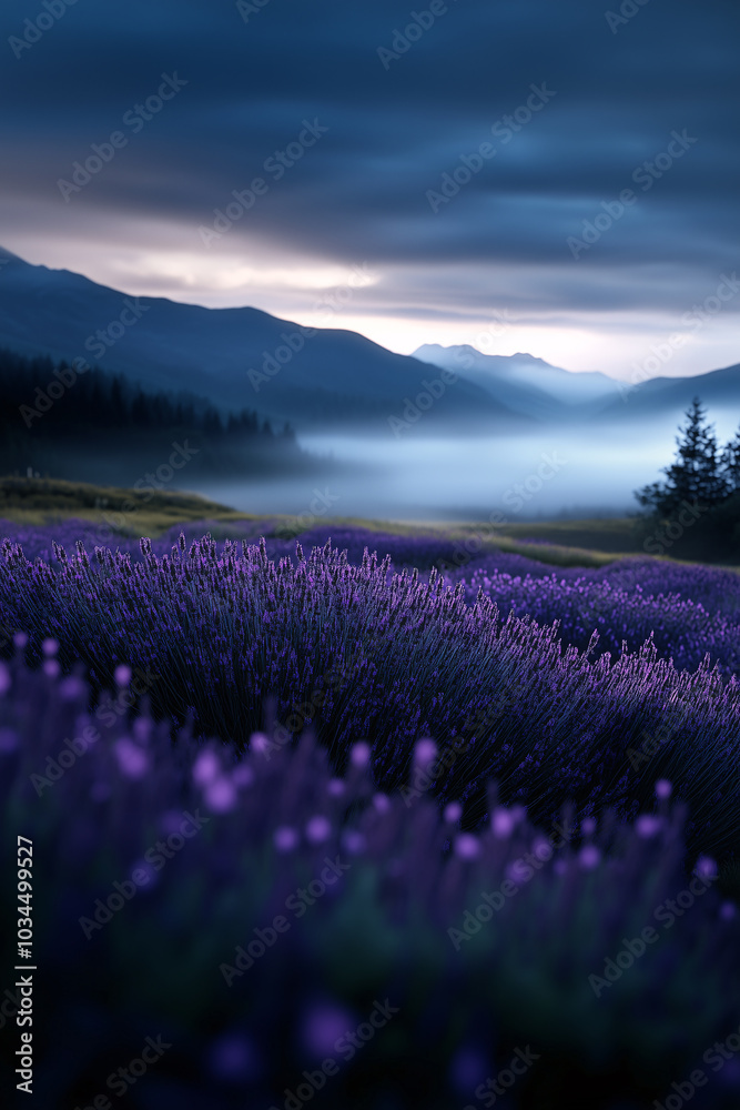 Obraz premium Lavender field glows beneath misty mountains, symbolizing serenity, peace, and nature.