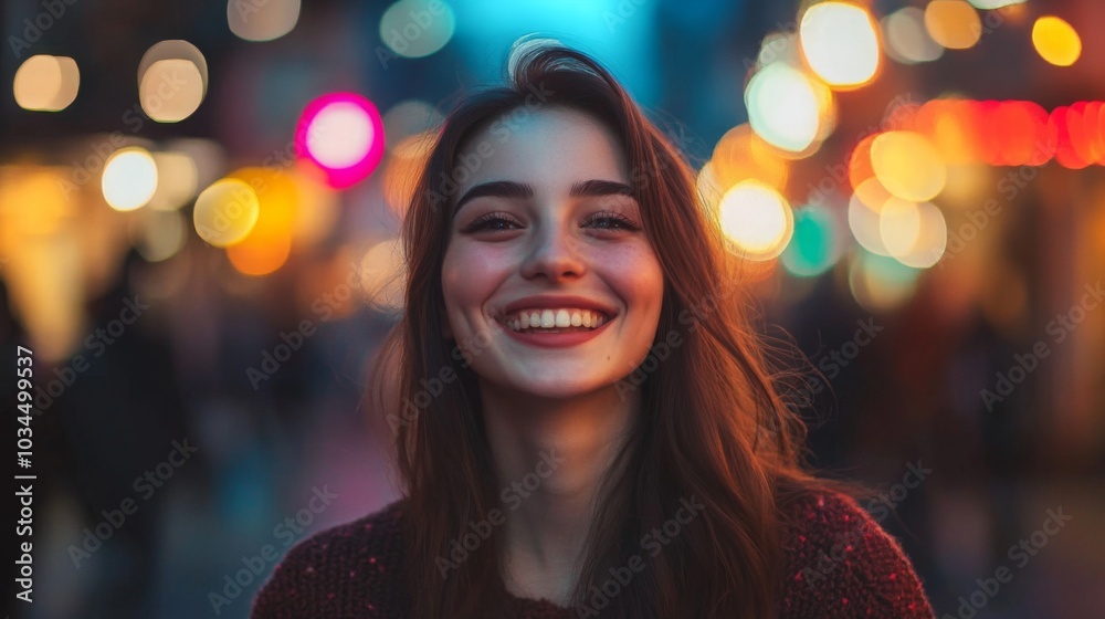 The woman is smiling warmly, her happiness illuminated by colorful lights surrounding her in a bustling street. The ambiance feels lively, capturing a moment of joy and celebration in the city. The woman is smiling warmly, her happiness illuminated by colorful lights surrounding her in a bustling street. The ambiance feels lively, capturing a moment of joy and celebration in the city.