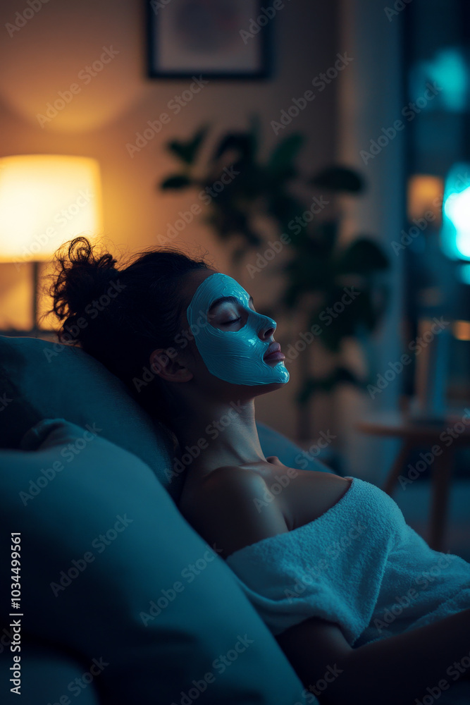 Obraz premium The soft lighting in a modern living room illuminates a young woman reclining on her sofa, enjoying a skincare routine with a facial mask on, embracing a serene self-care moment at home.