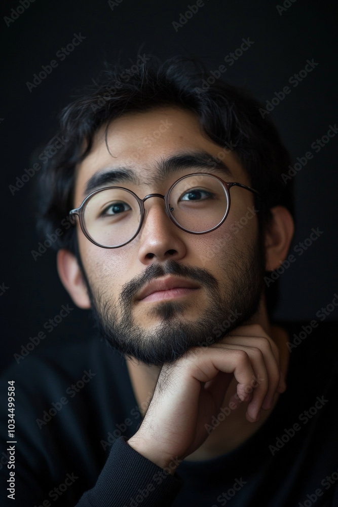 A young Japanese man with glasses and a neatly kept beard rests his chin on his hand, looking thoughtfully into the distance. The dark background heightens his sense of calm reflection. A young Japanese man with glasses and a neatly kept beard rests his chin on his hand, looking thoughtfully into the distance. The dark background heightens his sense of calm reflection.