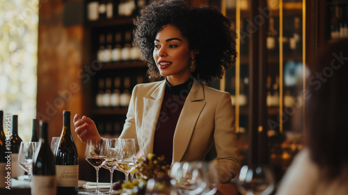 Sophisticated female sommelier leads a wine tasting session in a cellar with customers