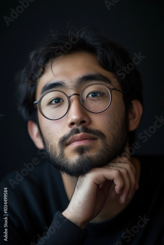 A young Japanese man with glasses and a neatly kept beard rests his chin on his hand, looking thoughtfully into the distance. The dark background heightens his sense of calm reflection.