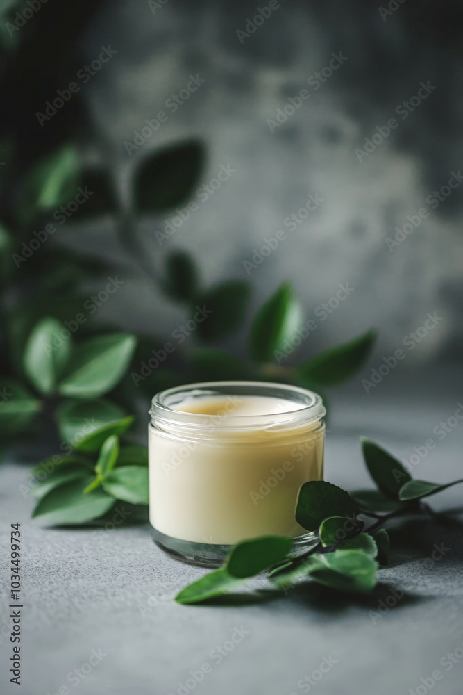 A jar of creamy moisturizer stands beside fresh green leaves on a clean grey surface. The soft lighting and minimalist background highlight the purity and natural beauty of the skincare product. A jar of creamy moisturizer stands beside fresh green leaves on a clean grey surface. The soft lighting and minimalist background highlight the purity and natural beauty of the skincare product.