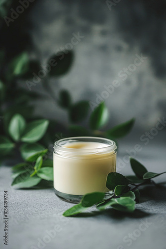 A jar of creamy moisturizer stands beside fresh green leaves on a clean grey surface. The soft lighting and minimalist background highlight the purity and natural beauty of the skincare product.