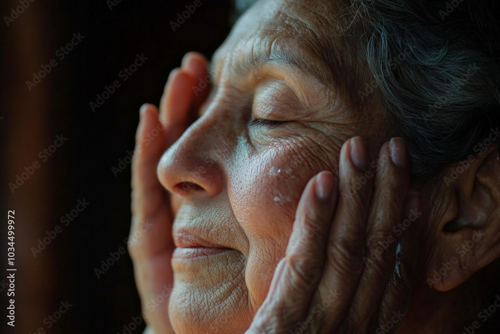 An elderly Hispanic woman applies a gentle remover to her face, showcasing her serene beauty. The close-up highlights her natural grace, complemented by a soft background that captures the essence of An elderly Hispanic woman applies a gentle remover to her face, showcasing her serene beauty. The close-up highlights her natural grace, complemented by a soft background that captures the essence of
