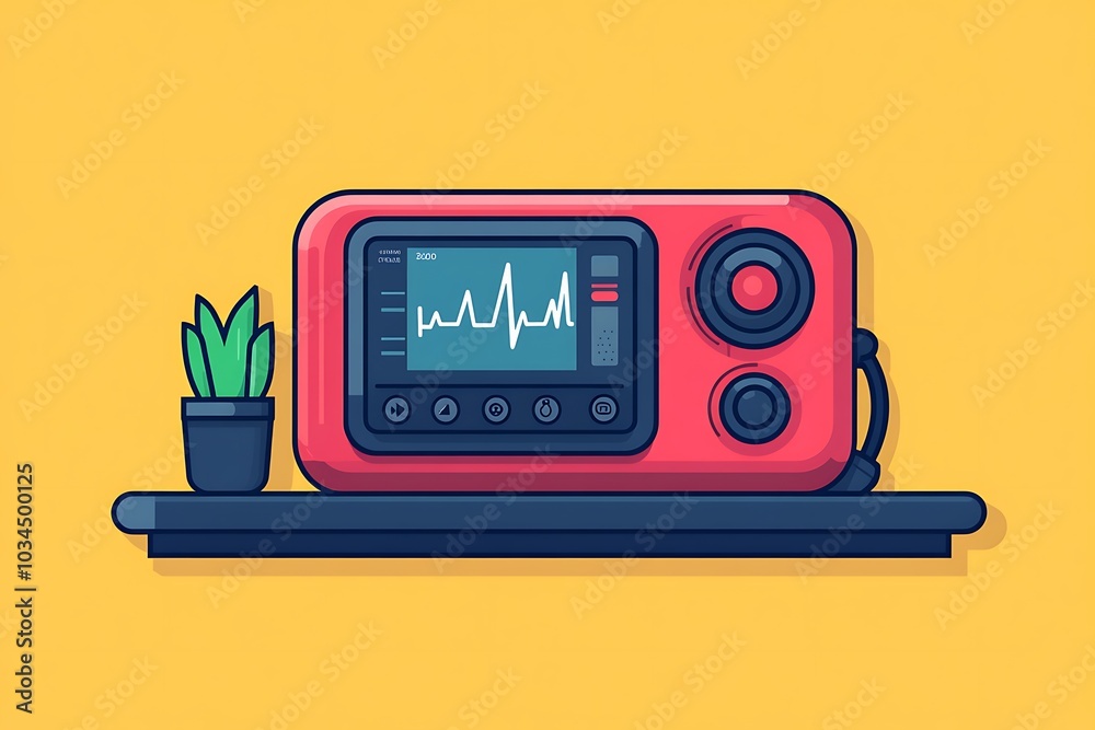 A red electronic device with a screen sits on a shelf, accompanied by a small plant. A red electronic device with a screen sits on a shelf, accompanied by a small plant.