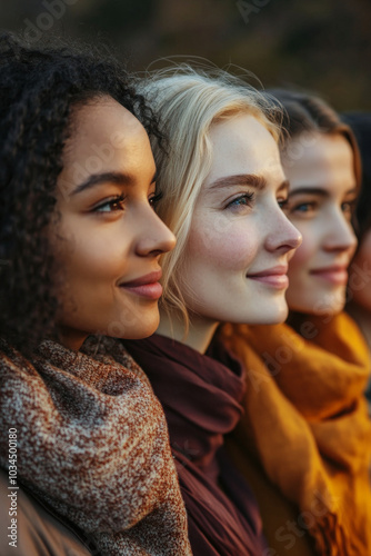 A group of women from different cultural backgrounds standing close together, their faces gently illuminated by warm lighting. Soft smiles convey a sense of community, unity, and strength in diversity