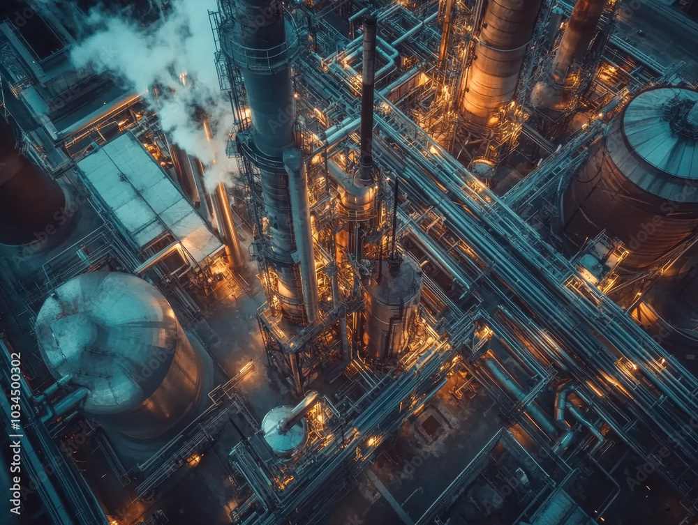 Aerial view of a bustling industrial complex at night, with illuminated pipes, towering smokestacks, and an intricate network of machinery. Aerial view of a bustling industrial complex at night, with illuminated pipes, towering smokestacks, and an intricate network of machinery.