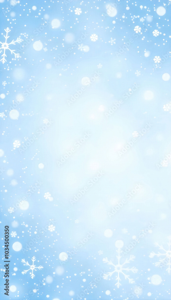 Fototapeta premium Soft falling snow banner featuring a light blue background with delicate snowflakes gently cascading, creating a serene winter atmosphere perfect for seasonal celebrations