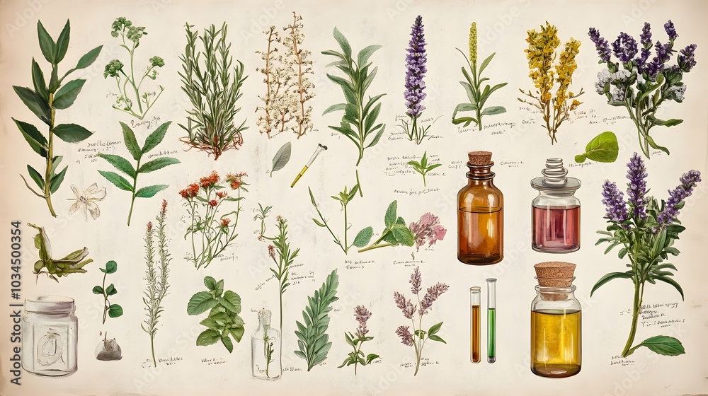 aromatherapy on science sheet with herbs. aromatherapy on science sheet with herbs.