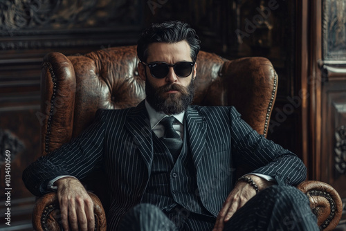 A bearded man wearing a tailored pinstripe suit and dark sunglasses sits in a luxurious leather chair. The rich textures of the roomâ€™s decor, combined with his poised expression, create a scene of photo