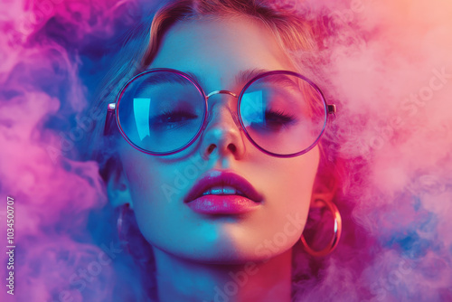 A young person confidently poses in bold round glasses, surrounded by swirling clouds of vibrant smoke in shades of pink, blue, and purple. The vibrant colors and ethereal atmosphere create a striking