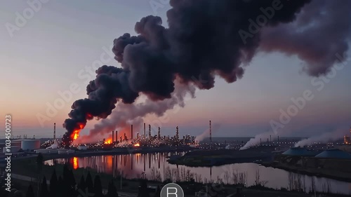 A fire broke out at an oil and gas industry, billowing black smoke billowing into the sky.